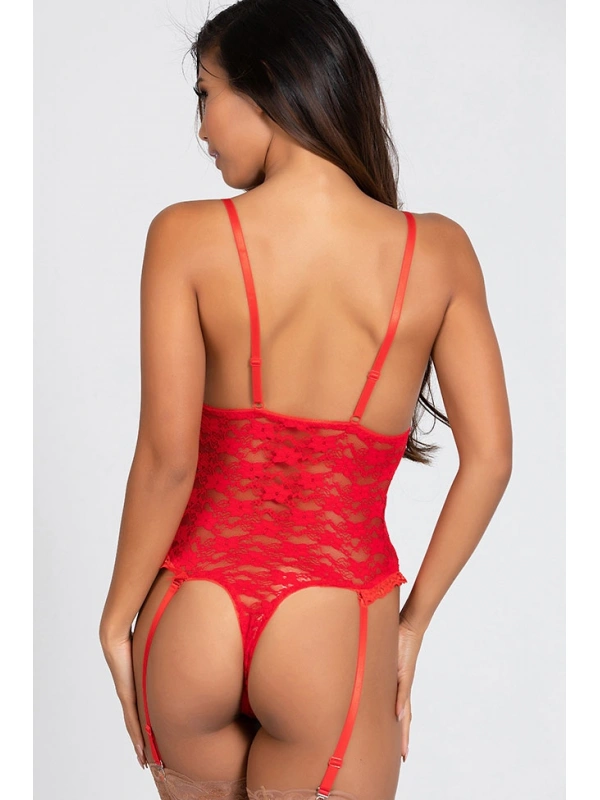 Kırmızı Özel Bölgesi Açık Dantelli Jartiyerli Gecelik Brf1269