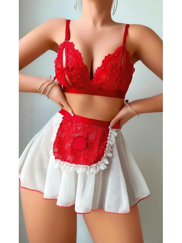 Kırmızı Puantiye Etekli Kadın Fantazi Kostüm 3819