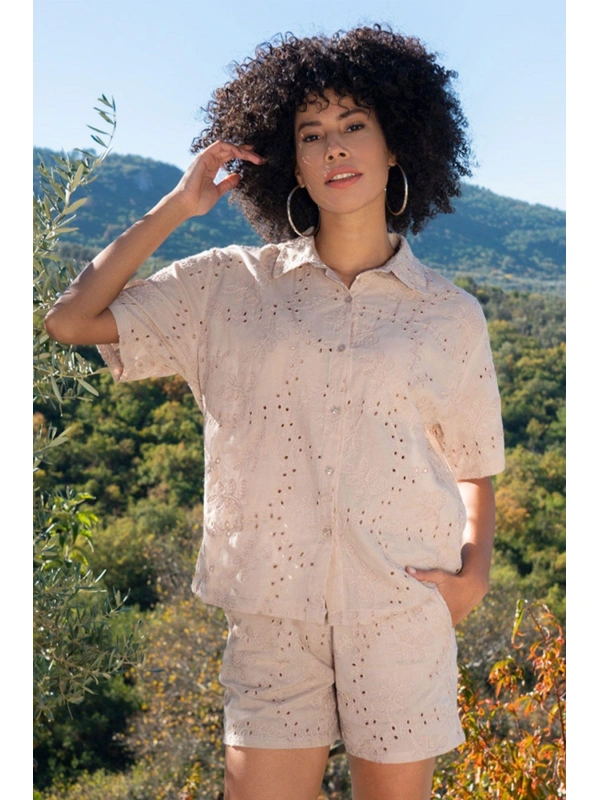 Kordone Nakışlı Kısa Kol Gömlek Kadın 410065