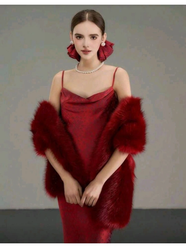 Kürk Orijinal Kırmızı Seksi Omuzluk Şık Kürk