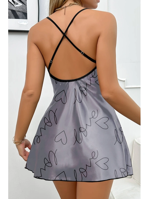 Love Baskılı Gri Saten Gecelik