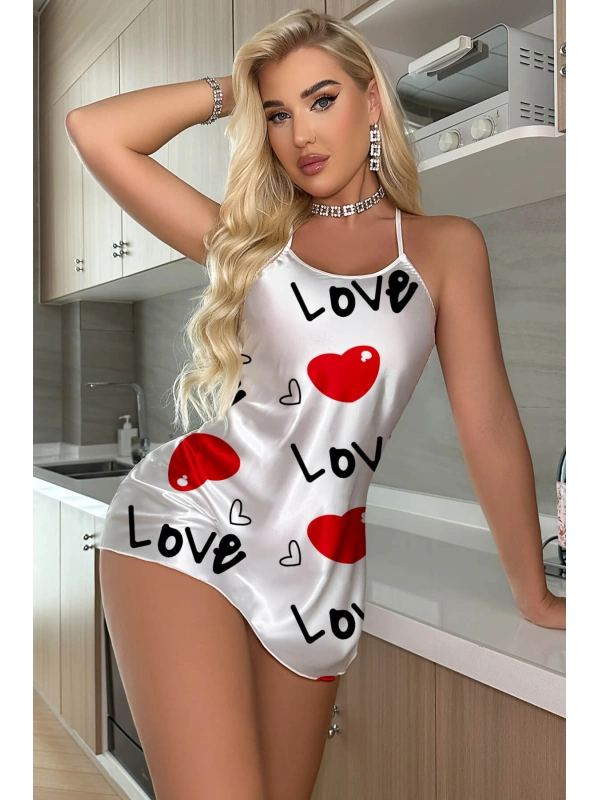 Love Desenli Beyaz Saten Gecelik