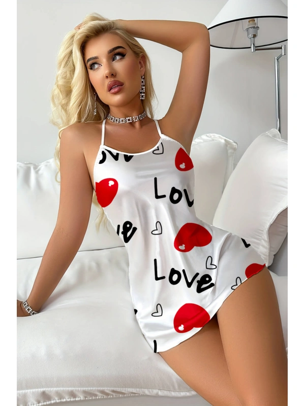 Love Desenli Beyaz Saten Gecelik