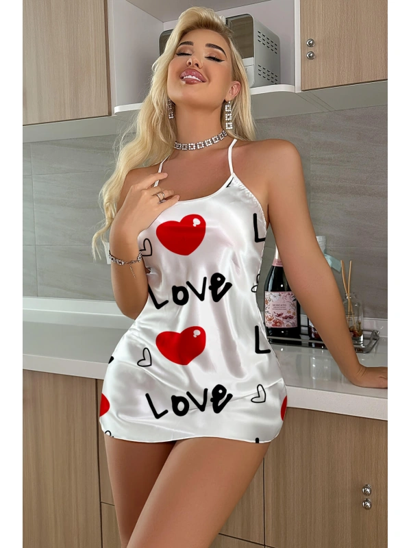 Love Desenli Beyaz Saten Gecelik