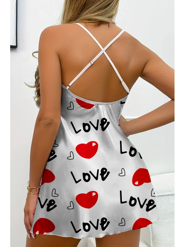 Love Desenli Beyaz Saten Gecelik