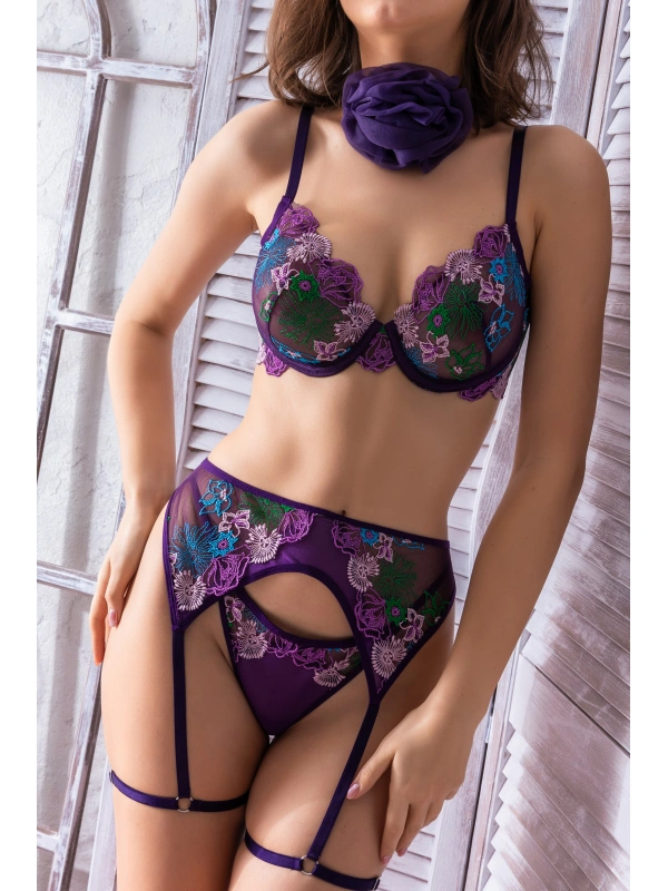 Mor Dantel Jartiyerli 3’lü Fantazi İç Giyim Takımı, Transparan Ayarlanabilir Askılı,kadın İç Giyim