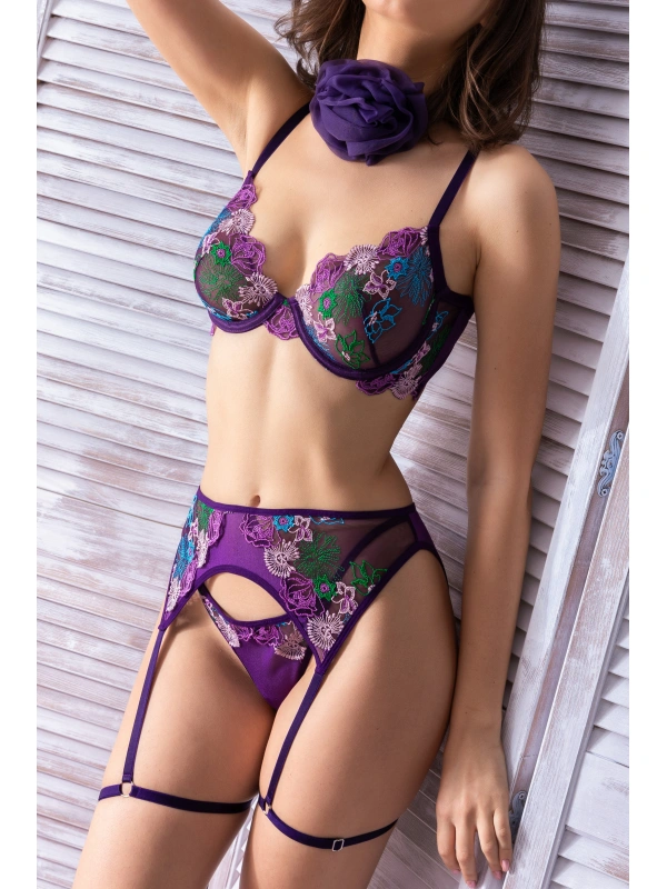 Mor Dantel Jartiyerli 3’lü Fantazi İç Giyim Takımı, Transparan Ayarlanabilir Askılı,kadın İç Giyim