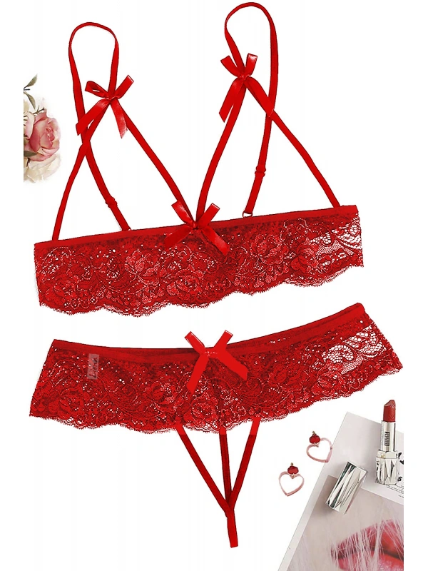 Özel Bölgesi Açık Kırmızı  Sütyen Külot Takımı