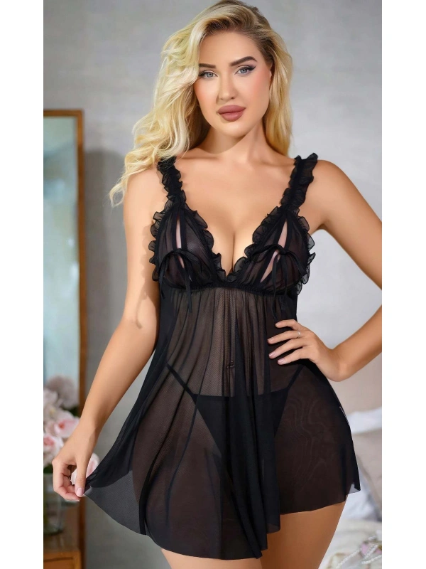 Siyah Kadın Fantazi Gecelik Tül Askı Ve Göğüs Fırfır Detaylı 2110