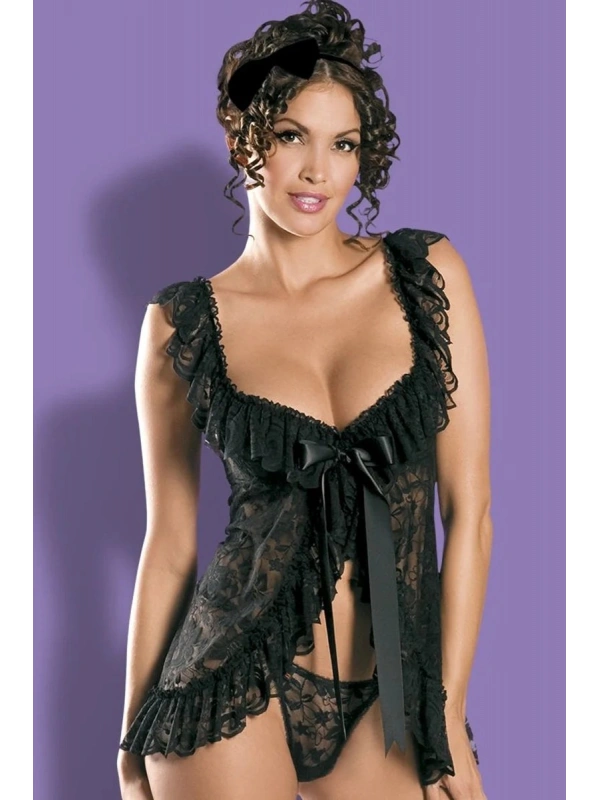 Siyah Kenarları Fırfırlı Dantelli Fantazi Gecelik Brf1266