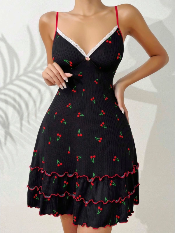 Siyah Kiraz Baskılı  Akılı Gecelik 5110