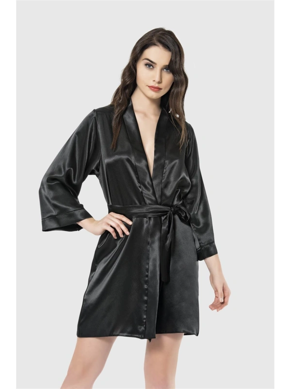 Siyah Kısa Saten Sabahlık