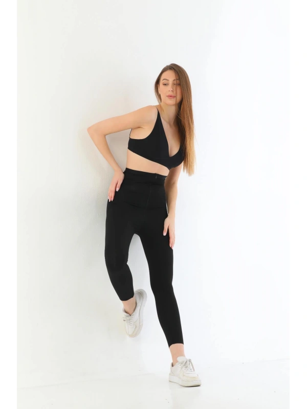 Siyah Mı 2711 Lazer Kesim Fermuarlı Uzun Tayt