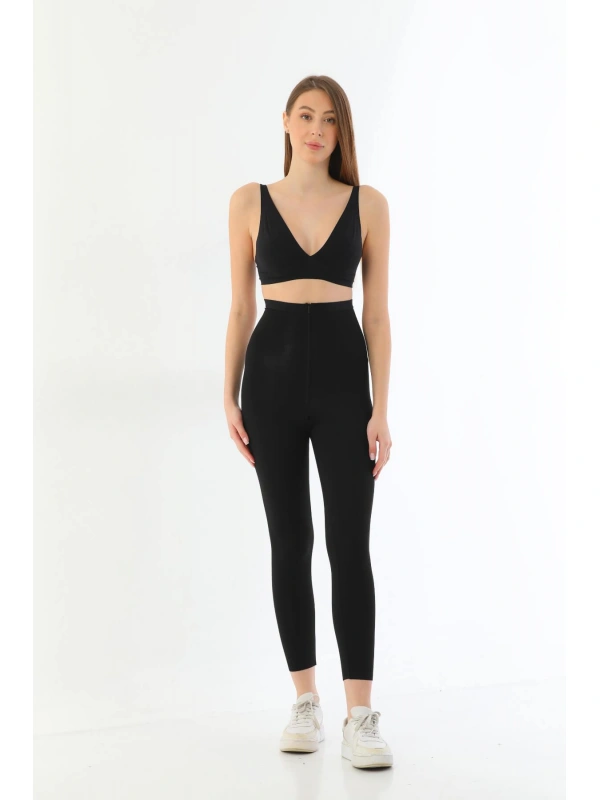 Siyah Mı 2711 Lazer Kesim Fermuarlı Uzun Tayt