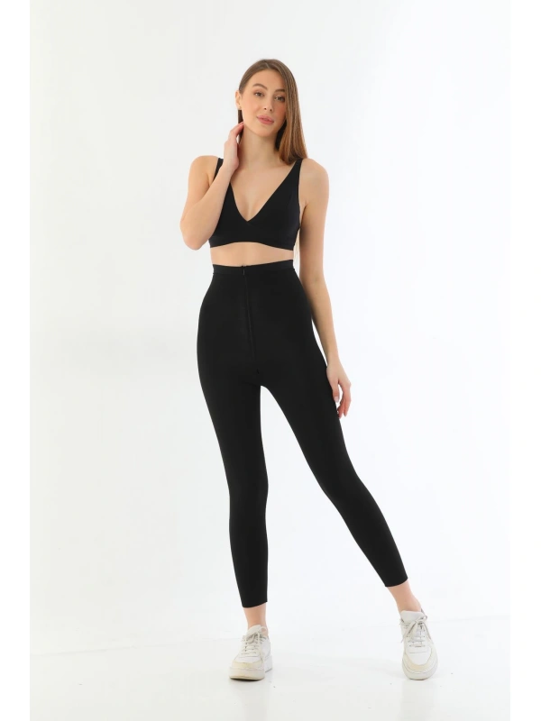 Siyah Mı 2711 Lazer Kesim Fermuarlı Uzun Tayt