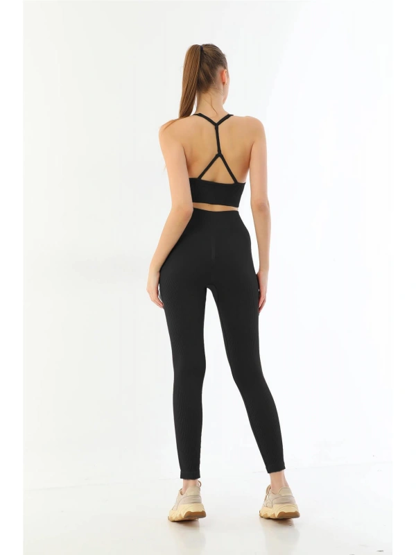 Siyah Mı Emay 3921 Soft Seamless Ripli Tayt Yoga Takımı