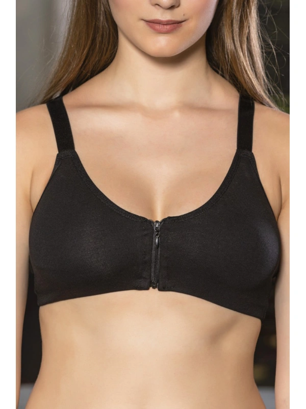Siyah Önden Fermuarlı Pamuklu Sütyen,günlük Ve Medikal Kullanım İçin, Kadın İç Giyim