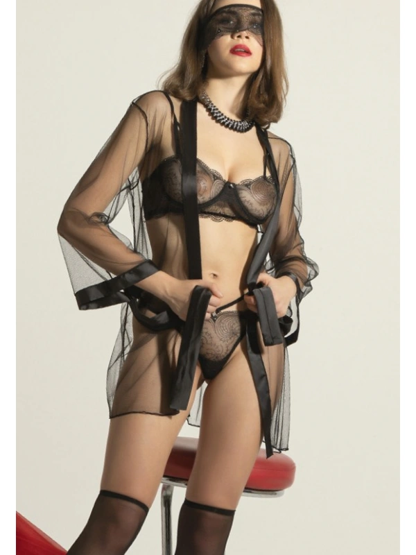 Siyah Transparan Tül Sabahlık Ve Jartiyerli Fantazi İç Giyim Seti 5li,seksi Dantelli Gecelik Takımı