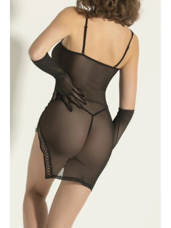 Transparan Dantel Detaylı Fantazi Gecelik Takımı,siyah Seksi Babydoll