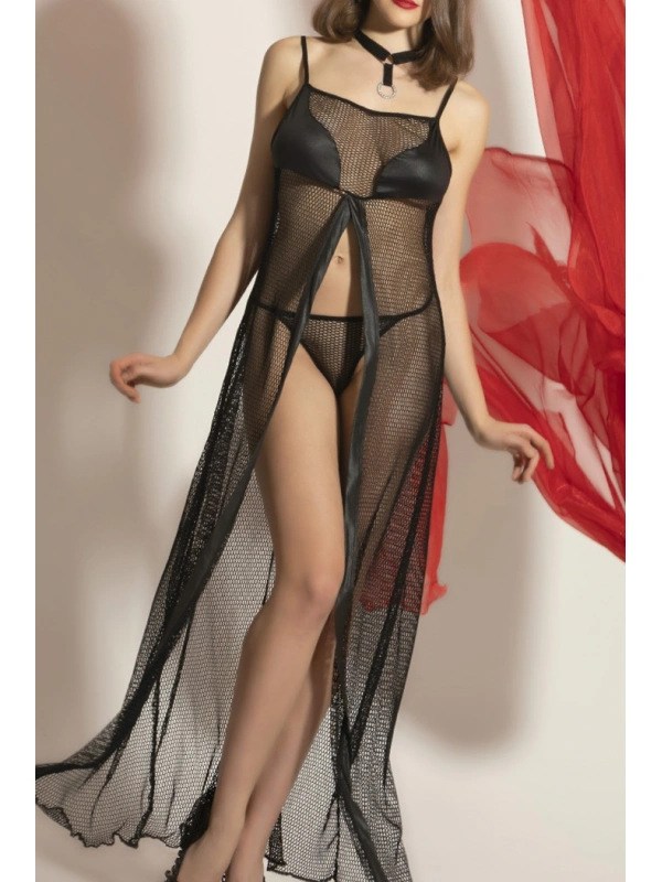 Transparan Fileli Uzun Babydoll Takım,dantel Detaylı Gecelik,tanga,boyunluk 3lü Set