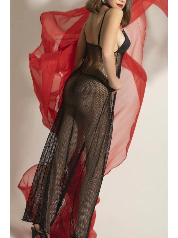 Transparan Fileli Uzun Babydoll Takım,dantel Detaylı Gecelik,tanga,boyunluk 3lü Set