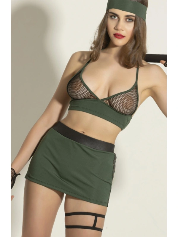 Yeşil Asker Temalı Fileli Fantazi Lingerie Takımı 5li Set