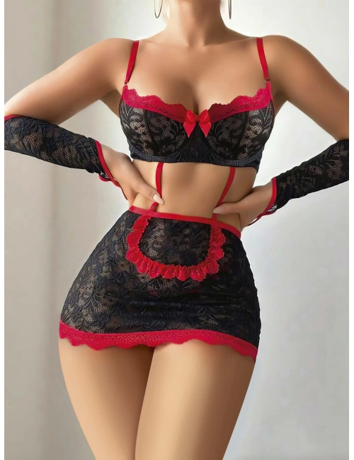 5 Parça Kırmızı Siyah Dantel Çiçek Desen Hizmetçi Model Özel Fantazi Tanga Hediyeli 3815