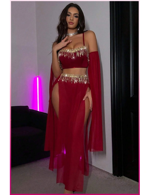 Bordo Pul Aksesuarlı Tül Etekli Kadın Seksi Gecelik