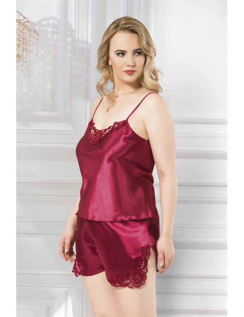 Büyük Beden Bordo Saten Babydoll Şort Takımı