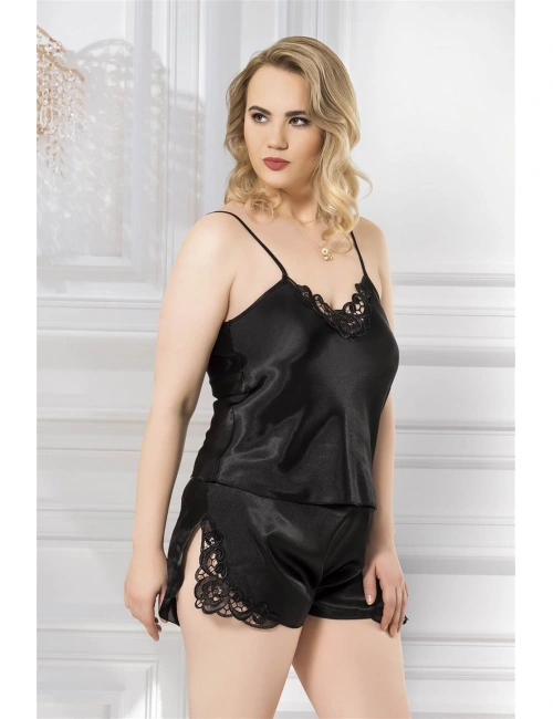 Büyük Beden Siyah Saten Babydoll Şort Takımı