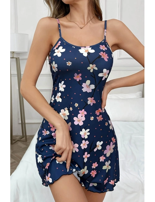 Çiçek Desenli Mavi Askılı Gecelik