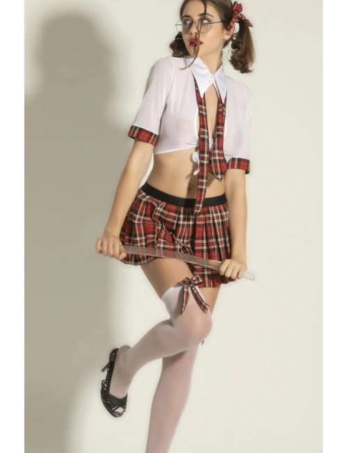 Fantezi Okul Kız Kostümü 5li Set - Transparan Gömlek, Mini Etek, Çorap Ve Kravat,toklar