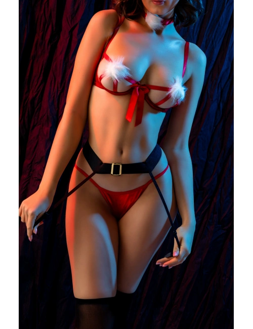 Göğüs Ucu Ponponlu Yılbaşı Kırmızı Fantazi Kostüm, Kadın Seksi Gecelik,jartiyer Takım,çorap Dahildir