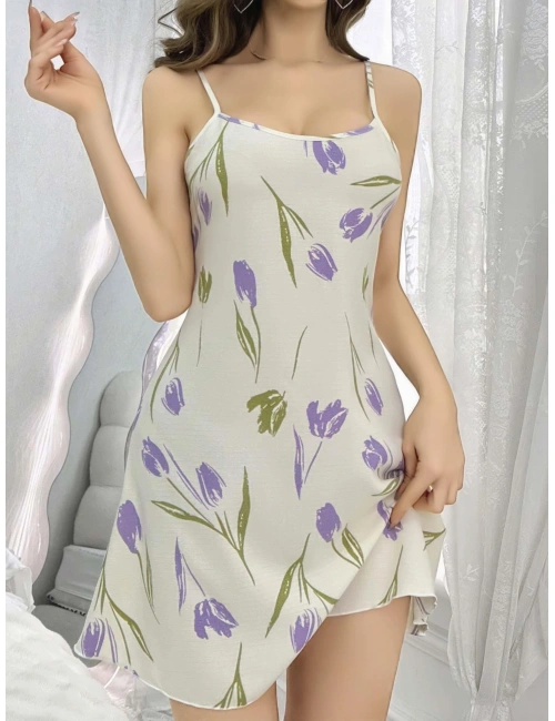 Kadın Beyaz Çiçekli Desenli Askılı Gecelik 5109