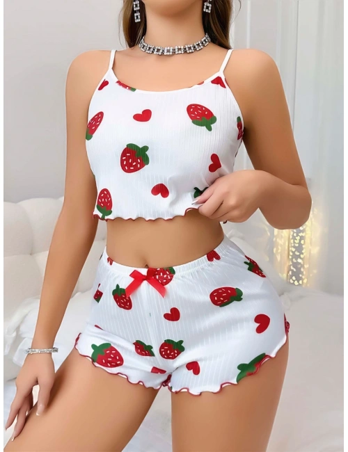 Kadın Beyaz Çilek Desenli Şortlu Pijama Takımı 5053
