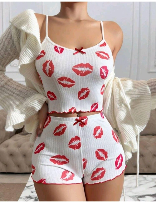 Kadın Beyaz Dudak Desenli Seksi Gecelik Takım 6642