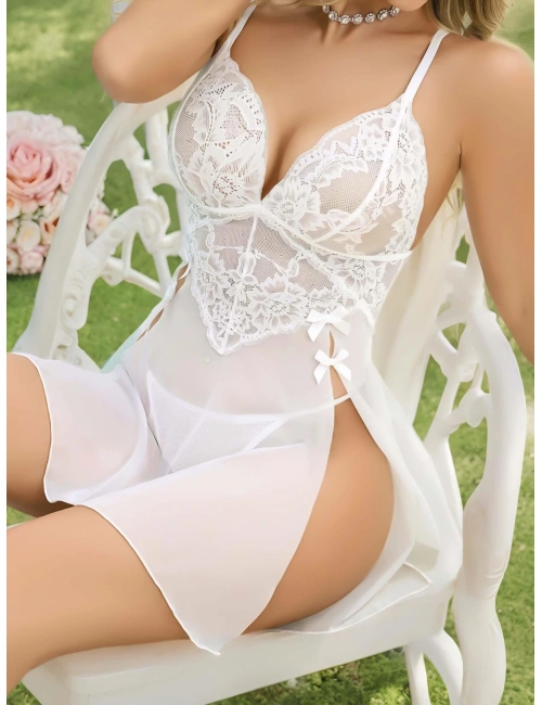 Kadın Beyaz Fantezi Gecelik Tül Dantel Detaylı Yanları Dekolteli 2202