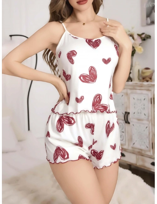 Kadın Beyaz Kalp Desenli Şortlu Gecelik Pijama Takımı 5052
