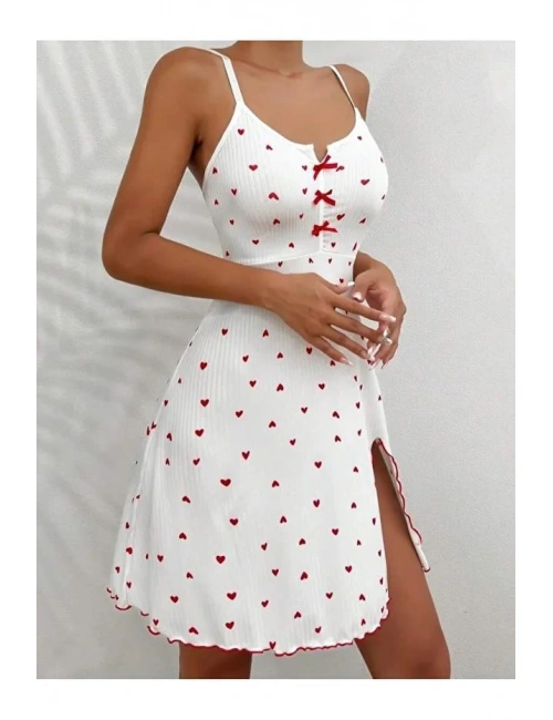 Kadın Beyaz Kırmızı Kalp Desenli Askılı  Elbise 5066