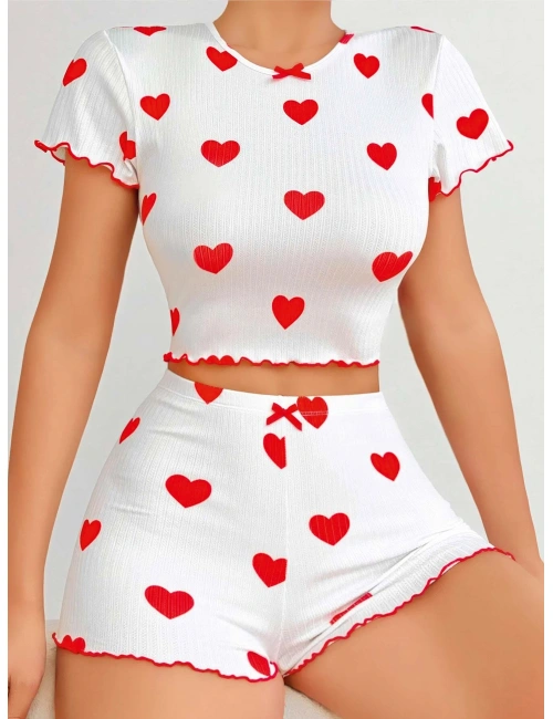 Kadın Beyaz Kırmızı Kalp Desenli Şortlu Gecelik Takım 5023