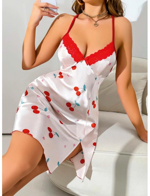 Kadın Beyaz Kırmızı Kiraz Desenli Saten Gecelik 2230