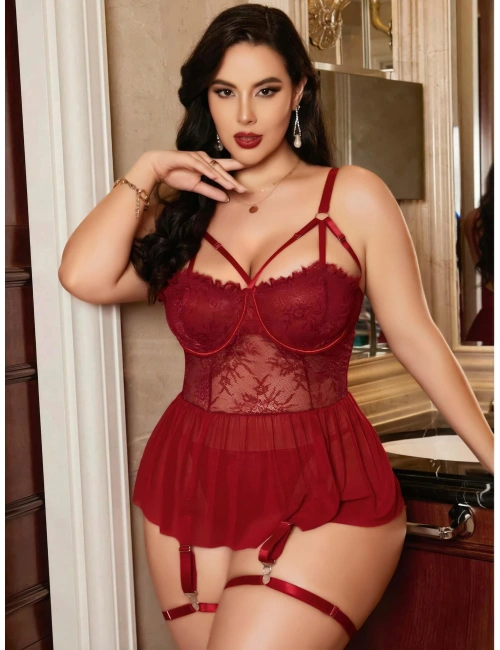Kadın Bordo Dantelli Transparan Büyük Beden Fantezi Gecelik Takımı 8002