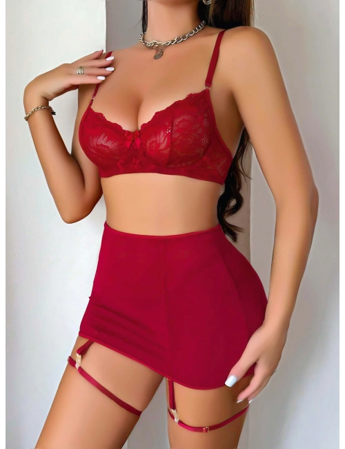 Kadın Bordo Etek Fantazi Jartiyer Sexy Gecelik Takım 3833