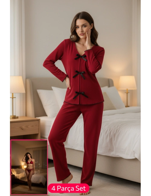 Kadın Bordo Fiyonklu İç Çamaşırı Ve Uzun Kollu V Yaka Pijama Takımı 4lü Set