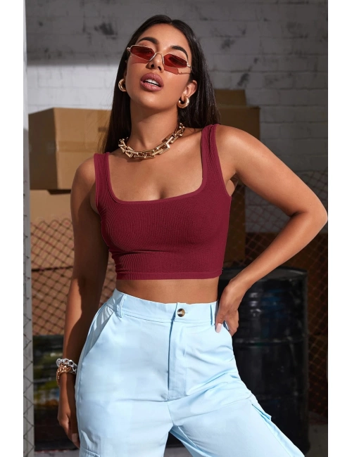 Kadın Bordo Kalın Askılı Crop Top Büstiyer