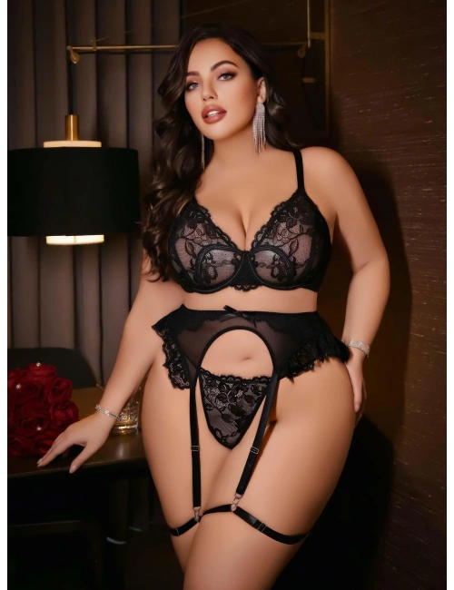 Kadın Büyük Beden Dantel Detaylı Fantezi Jartiyer Takımı 8010