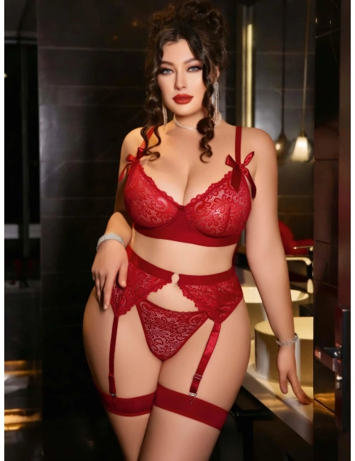 Kadın Büyük Beden Kırmızı Dantelli Jartiyerli Fantezi İç Giyim Takımı 8005