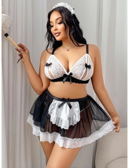 Kadın Büyük Beden  Seksi Hizmetçi Kostüm Fantezi Transparan Tül Fantezi Erotik 8006