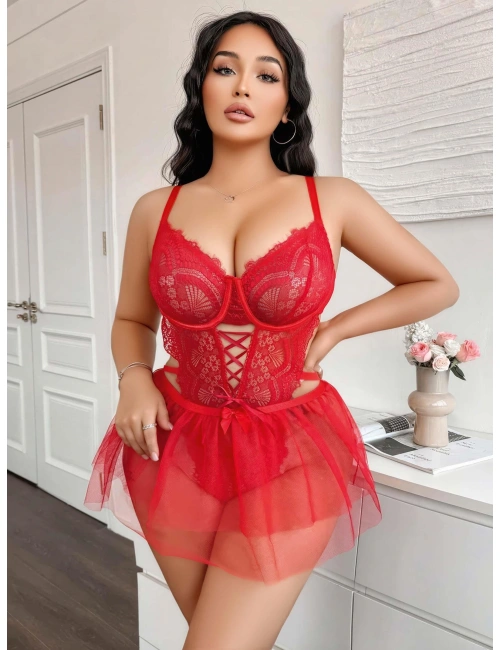 Kadın Çapraz İpli Dantelli Büyük Beden Tüllü Transparan Fantezi Gecelik 8008