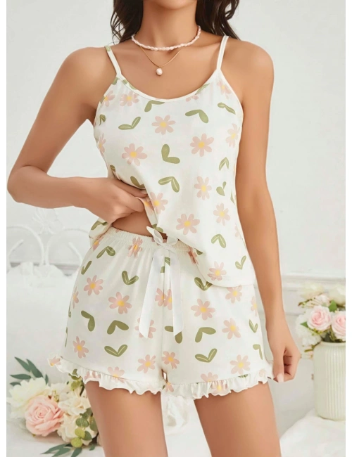 Kadın Ekru Çiçek Baskılı Şortlu Gecelik Pijama Takımı 5047